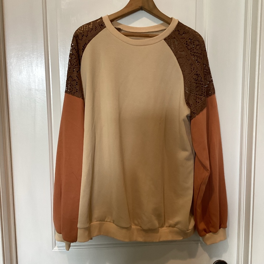 Boutique: Color block Beige and Brown Lace Sleeve Sweatshirt nwot